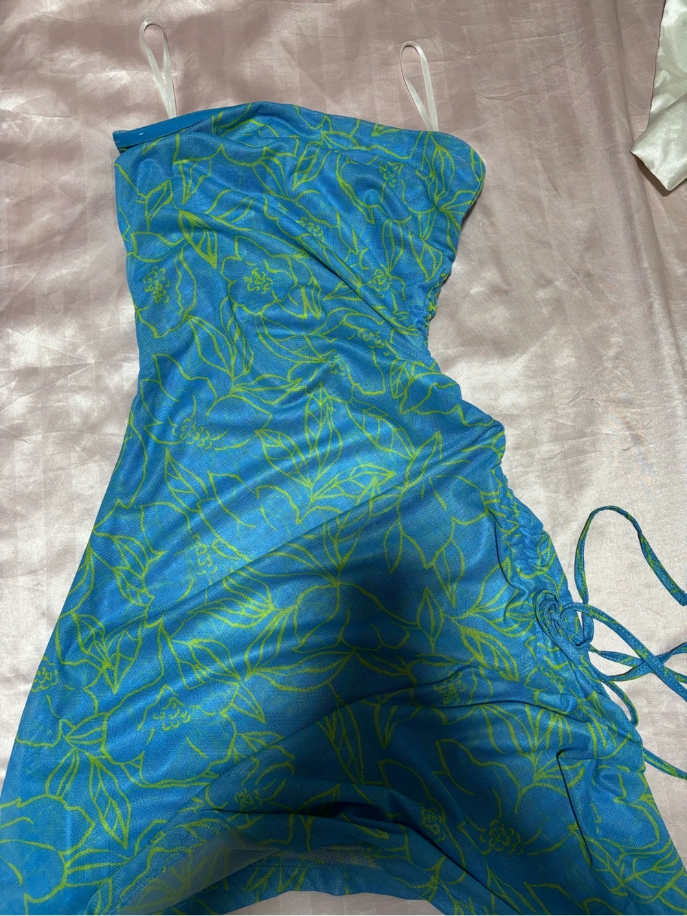Blue Floral Mini Dress with Lime Leaf Print